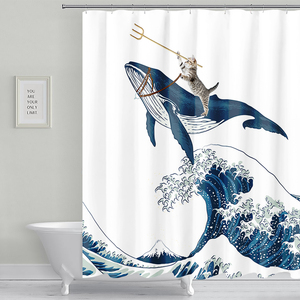 Ensemble de rideau de douche personnalisé en polyester sublimation plus chat <span class=keywords><strong>baleine</strong></span> mer 12 crochets rideaux de douche de salle de bain vierges - Product Image 4