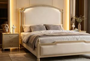 Premium Queen Size Light Wood Spindle <b>Bed</b> With Beige Upholstered Arched Carved Headboard For French Country Bedroom - Product Image 3