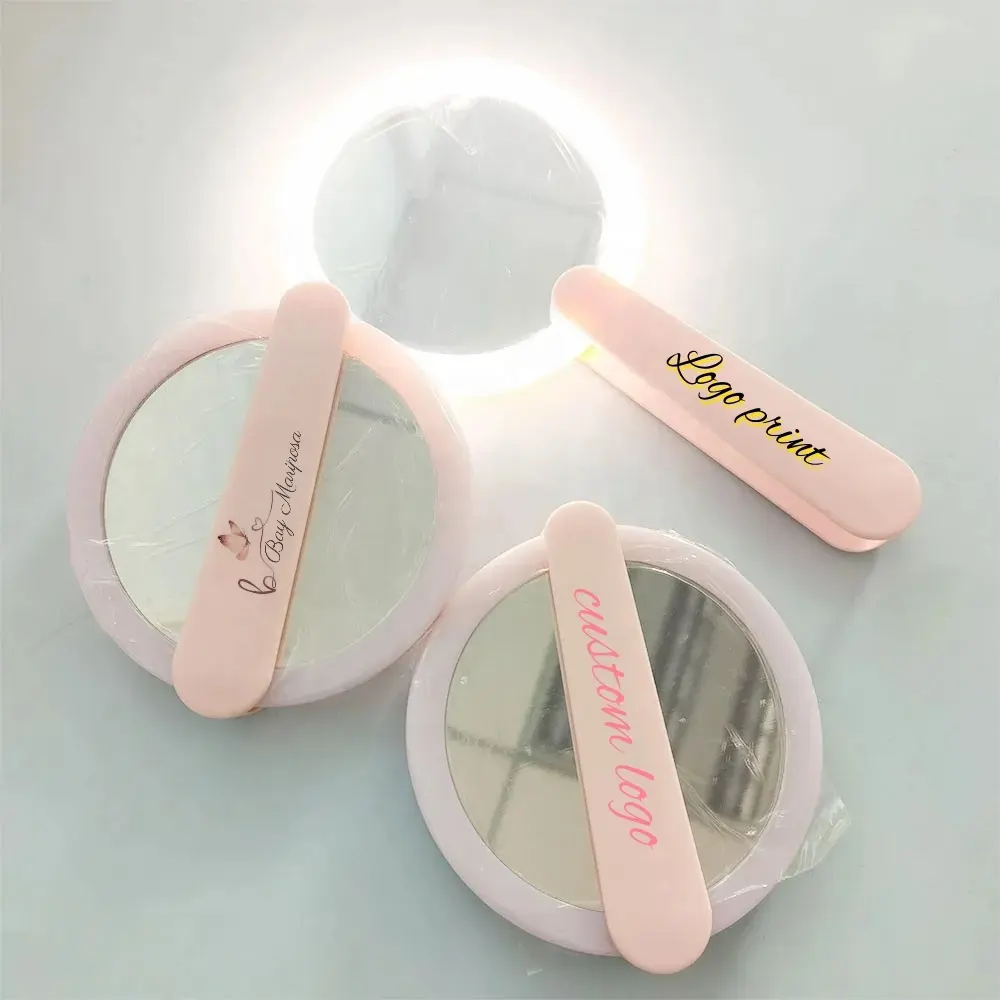 Mini miroir de poche Led intelligent avec Logo personnalisé, Portable et pliable, pour voyage, maquillage rond et mignon