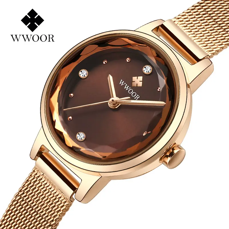 Wwoor 8871 Stainless Steel Mesh Fashion Kasual Tahan Air Kuarsa Watch Wanita Jam Wanita Gelang Jam Tangan Montre Femme