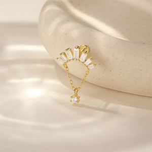 S925 Sterling Silver 18K Gold Plated Flat Back <b>Piercing</b> Single Dangle Tassel Rectangular CZ Design Cartilage Helix <b>Jewelry</b> - Product Image 2