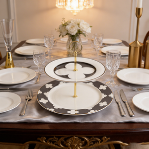 Plateau à dessert à 2 niveaux en porcelaine fine, motif floral ou géométrique, idéal pour la décoration et la présentation de table - Product Image 5