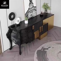 Meuble console d'entrée de luxe sur mesure, en bois noir sculpté à la main, avec panneau en acier inoxydable doré, style antique