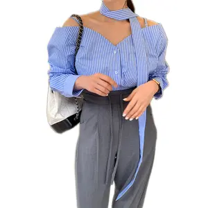 OEM Custom Ladies Fashion Causal Design Striped Shirt Single Breasted V Neck Off Shoulder Long Sleeve Blouse With Strap