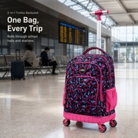 Sac à dos à roulettes tendance style preppy avec motif feuilles et fermeture éclair pour étudiants, sac d'école à roulettes 2-en-1 grande capacité