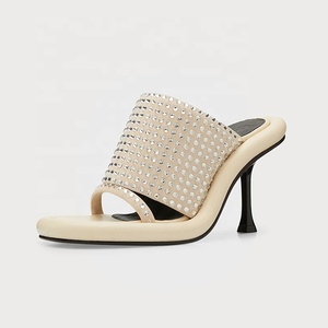 Sandalias de tacón fino con diamantes de imitación y punta cuadrada abierta para mujer, estilo mule sin cordones para verano, con correa para exteriores - Product Image 4