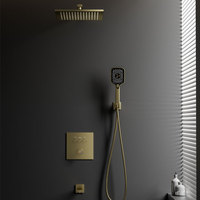 Ensemble de douche de luxe en laiton doré avec robinets thermostatiques, modèle à bouton-poussoir, double poignée, mitigeur chaud/froid, douchettes pluie et massage