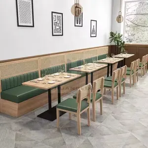 Modern Commercial Restaurant Seating Timber Frame PU Upholstery Nature Rattan Top Back Booth Sofa