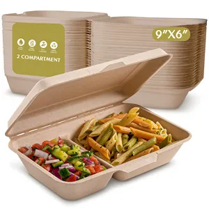 OBM Kuoshi定制2格可生物降解生态甘蔗包装甘蔗渣蛤壳汉堡外卖盒