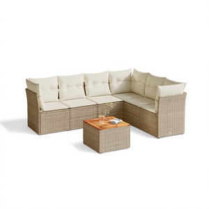 Ensemble de canapés de jardin en rotin 6 places, contemporain, résistant aux intempéries, avec plateau en teck - Product Image 1