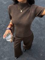 Pull tricoté côtelé à manches courtes et col montant pour femme, coupe ajustée, couleur unie, respirant, style décontracté printemps-automne