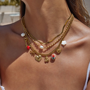 Stainless Steel Charm Necklace With Pearl Heart Red Flower Key Bow Bear Pendant Gift Jewelry - Product Image 4