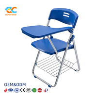 Chaise pliante personnalisée pour expert, siège en plastique bleu, tablette, panier à câbles, chaises d'école avec bureau, sièges d'étude pour salle de classe
