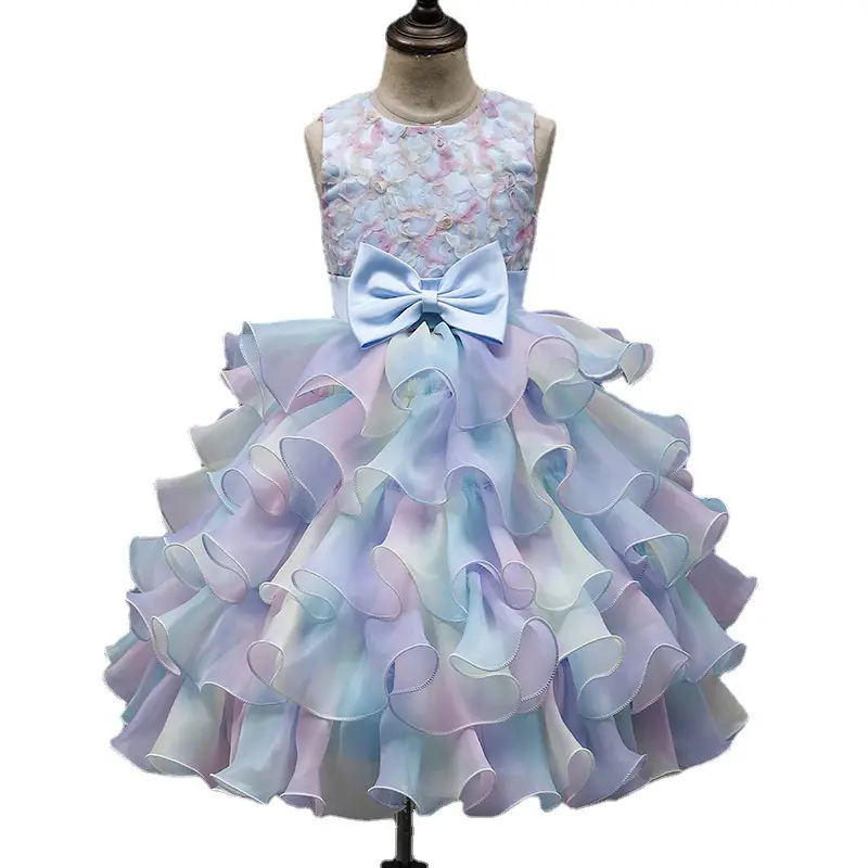 Multi layered birthday bow dress for girls gradient color gauze party dress for children cake dress