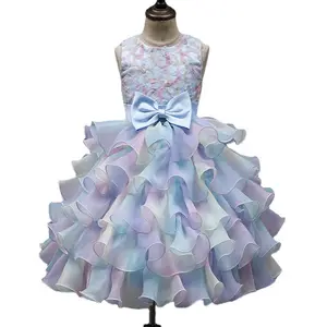 女の子のための多層誕生日の弓のドレス子供のためのグラデーションカラーガーゼパーティードレスケーキドレス