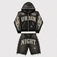 Ensemble de survêtement urbain personnalisé de haute qualité, vintage et délavé, pour homme, avec broderie de strass, assorti