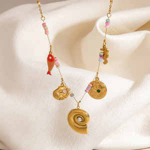 Collar de acero inoxidable con colgante de pez, concha y sirena, chapado en oro de 18 quilates, cadena para clavícula, para mujer, regalo, joyería. - Product Image 3
