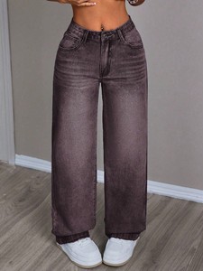 Pantalones vaqueros casuales de pierna ancha estilo boyfriend al por mayor, <span class=keywords><strong>jeans</strong></span> rasgados personalizados para <span class=keywords><strong>mujer</strong></span>, <span class=keywords><strong>jeans</strong></span> rectos holgados de talla grande para <span class=keywords><strong>mujer</strong></span> - Product Image 5