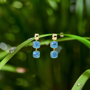 Fine Dangle <b>Earrings</b> 316L Stainless Steel PVD Gold Plating Sustainable Resistant <b>Blue</b> Crystal Drop <b>Studs</b> - Product Image 3