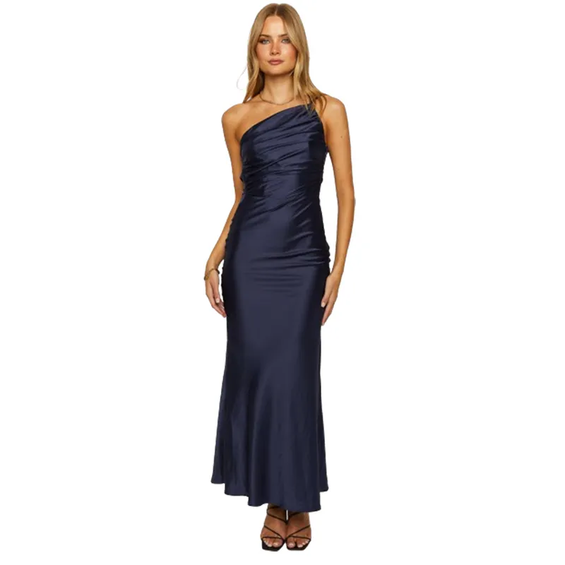 Customized Elegant Sexy Formal Dinner Dark Blue Satin Silk Fabric One Shoulder Tie Backless Design Pleated Women's Long Dresses