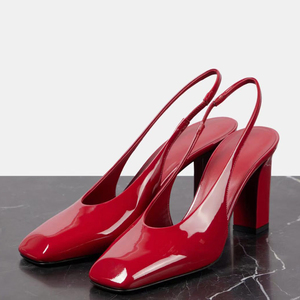 Sandalias de tacón alto y grueso para mujer, con punta cuadrada, estilo casual, con correa trasera, zapatos de oficina, de charol, con diseño recortado y slingback. - Product Image 2