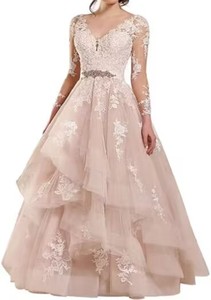 New Design Pink V Neck Long Sleeve Ball Gown Ruffles Lace Beaded <strong>Belt</strong> Plus Size Elegant <strong>Wedding</strong> <strong>Dresses</strong> <strong>for</strong> Bride - Product Image 2