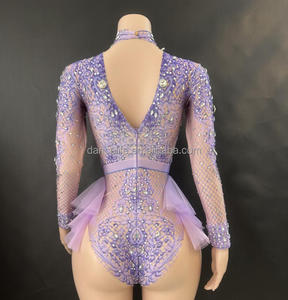Robe de danse sexy et brillante avec strass, combinaison en tulle rose élastique amincissante, <span class=keywords><strong>costume</strong></span> de scène - Product Image 2