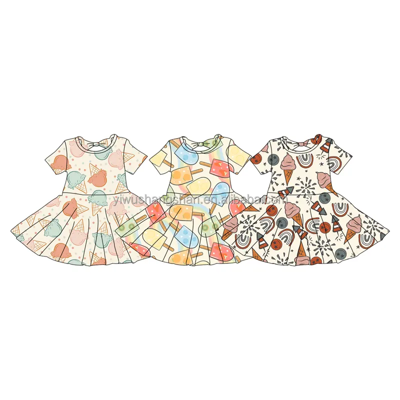 Individuelles OEM-Kinderkleid Sommer-Thema Cartoon Muster Kleid kurze Puffärmel Kinder Boutique Twistle Kinder Mädchen rückenfrei Boogkleider