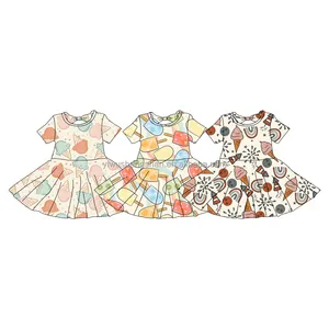 Customized OEM Children Summer Theme Cartoon Pattern Dress Short Puff Sleeve Kids Boutique Twirl Kids Girls Backless Bow Dresses