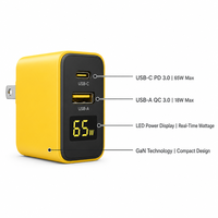 Chargeur mural USB-C GaN 65W avec affichage LED, port PD, charge rapide QC 3.0, certifié CE/3C pour MacBook/ordinateur portable, OTP/OVP, garantie 12 mois