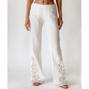<span class=keywords><strong>Pantaloni</strong></span> in <span class=keywords><strong>Lino</strong></span> Bianco <span class=keywords><strong>100</strong></span>% di Alta Qualità Olaesa 2026 con Ricami per <span class=keywords><strong>Donna</strong></span> - Product Image 1