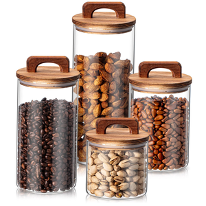 Good High Borosilicate Glass <b>Storage</b> <b>Jars</b> with Acacia Wooden Lids clear Glass <b>Kitchen</b> Containers with Handles Sets - Product Image 1