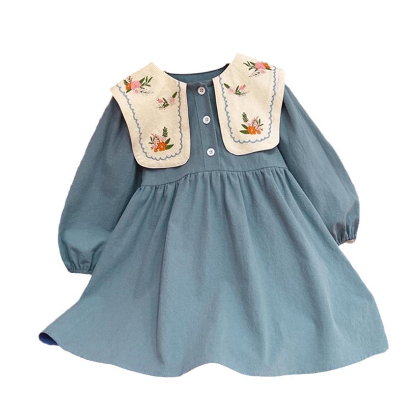 Spring and Autumn Girls' New Large Collar Embroidered Sweet Korean Edition Dress Children's Skirt Long Sleeve Princess Skirt
