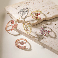 Cincin Terbuka Enamel Bunga Kuningan Berlapis Emas 18K dengan Hiasan CZ Multi Bunga, Cincin Jari yang Dapat Disesuaikan untuk Wanita, Perhiasan Taman Romantis