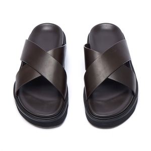 Chaussons pour hommes en cuir véritable antidérapants, dessus en cuir de vachette de qualité supérieure, doux, confortables, respirants, sandales plates pour la maison, tongs - Product Image 3