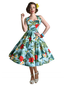 Fashion Vintage 1950s <strong>Style</strong> Halter Collar Sleeveless Floral Print High Waist Swing <strong>Dress</strong> for Women - Product Image 2