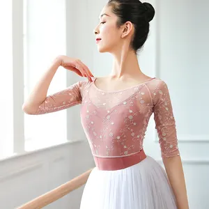 Half Sleeve Embroidery Dance Wear Mesh Woman Tops Fashionable