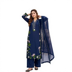 Traje Salwar Azul Bordado con Flores y Dupatta, Ropa Tradicional India y Pakistaní, Corte Holgado, Largo hasta el Suelo, Vestido para Mujer - Product Image 1