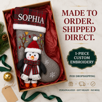 Chaussette de Noël en peluche 3D personnalisée avec personnage de Père Noël, broderie du nom de famille, service POD, directement au client