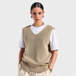 <strong>Women's</strong> Casual V-Neck Sleeveless Lurex Sweater Tank Top Breathable Metallic Knit Vest Lace Ribbons Decoration Custom Logo Front - Product Image 2