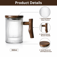 Verres à thé côtelés verticaux de 360 ml avec poignée en branche de bois naturel et couvercle, tasse à café glacé unique, verre à jus esthétique
