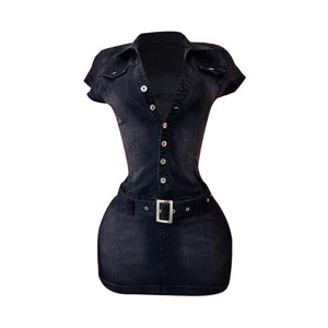 Nuova moda di alta qualità Mini <span class=keywords><strong>abito</strong></span> da donna a manica corta girocollo con bottone in <span class=keywords><strong>Denim</strong></span> con cintura vestito Casual da donna - Product Image 3