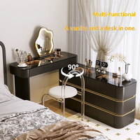 OUGOO Table de maquillage de chambre à coucher en bois massif couleur crème, style nordique, luxe léger et moderne, avec panneau en contreplaqué, miroir intelligent et tiroirs