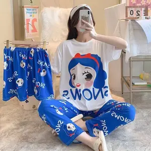 Tik Tok Live Stream Hot Summer Nightwear Algodão Manga Curta Pijama Cartoon Mickey Terno de três peças Homewear Para As Mulheres