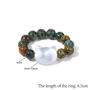 Espaciador de cabeza de gato de concha blanca Natural, piedra preciosa de cristal curativo turquesa sintética, anillos de dedo ajustables con cuentas redondas para mujer - Product Image 6