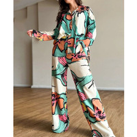 Nouvel ensemble pantalon large taille haute et chemise imprimée à revers boutonnée pour femme, collection printemps