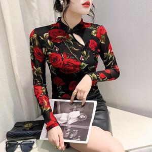 Primavera nueva <span class=keywords><strong>camiseta</strong></span> <span class=keywords><strong>de</strong></span> manga larga con estampado Floral <span class=keywords><strong>de</strong></span> malla con diseño <span class=keywords><strong>de</strong></span> <span class=keywords><strong>boca</strong></span> <span class=keywords><strong>de</strong></span> placa <span class=keywords><strong>de</strong></span> estilo Retro adelgazante para <span class=keywords><strong>mujer</strong></span> - Product Image 1