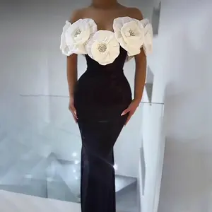 Donne celebrità Sexy con spalle scoperte diamanti fiori nero Maxi abito lungo aderente elegante sera abiti da sera abiti da festa