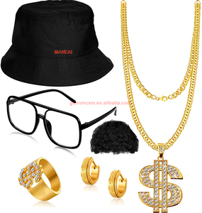 80s 90s Hip Hop Costume Kit Cosplay Halloween Rappeur Or Collier Chaîne Bracelet Boucles D'oreilles Punk Lunettes De Soleil Costume Pantalon Top - Product Image 1