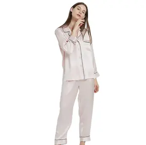 Conjunto de pijama feminino clássico, pijamas de cetim puro para mulheres, roupas de dormir, 2022